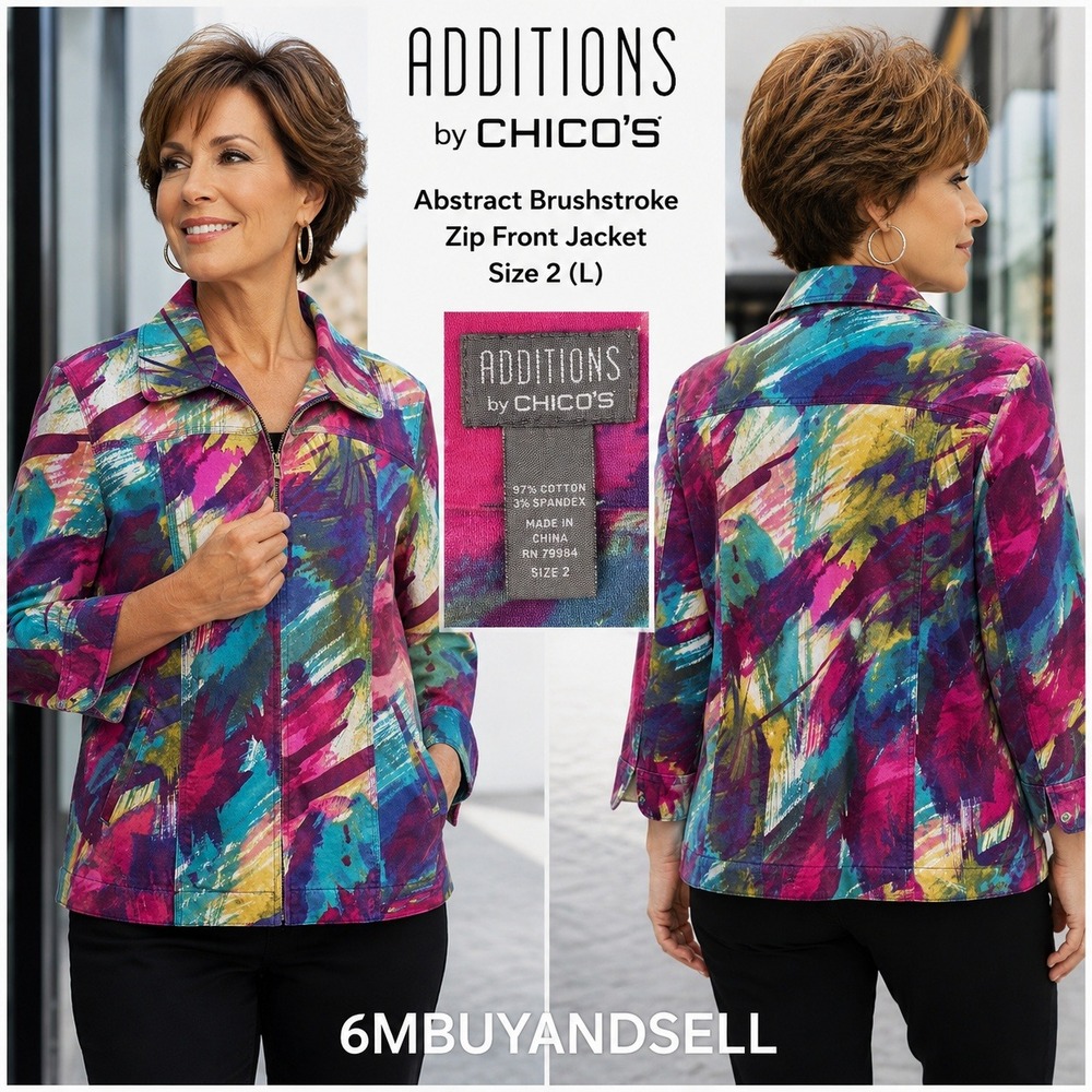 Additions by Chicos Abstract Brushstroke Zip Front Jacket Multi Color Size 2 L